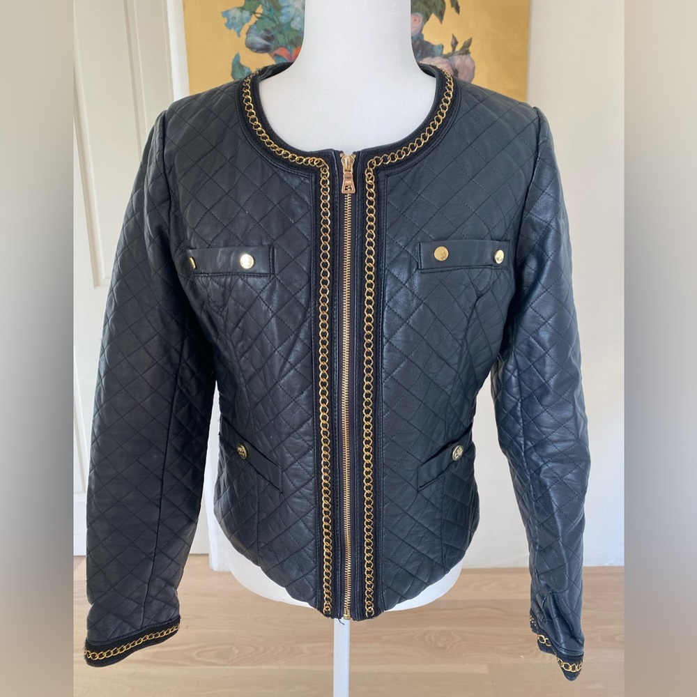 ABS Chanel-Like Faux Leather Quilted Jacket with gold zippers & trim
